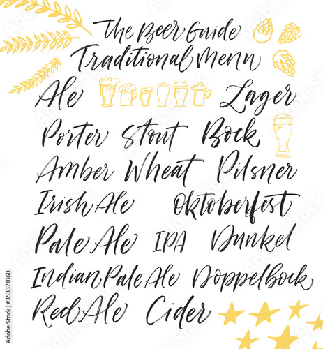 Collection of type of beer. Modern vector brush calligraphy. Ink illustration with hand-drawn lettering. 