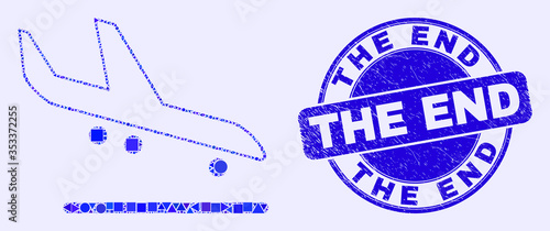 Geometric airplane arrival mosaic pictogram and The End seal. Blue vector round grunge seal with The End text. Abstract concept of airplane arrival done of round, triangles, square geometric spots.