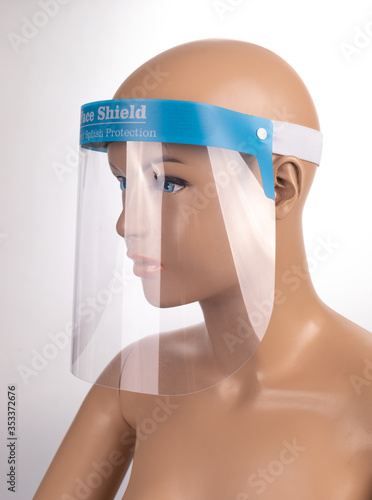 Medical face mask or shield. Transparent plastic helmet. Coronavirus quarantine concept. Protective measures for flu. Virus outbreak prevention and pollution protection
