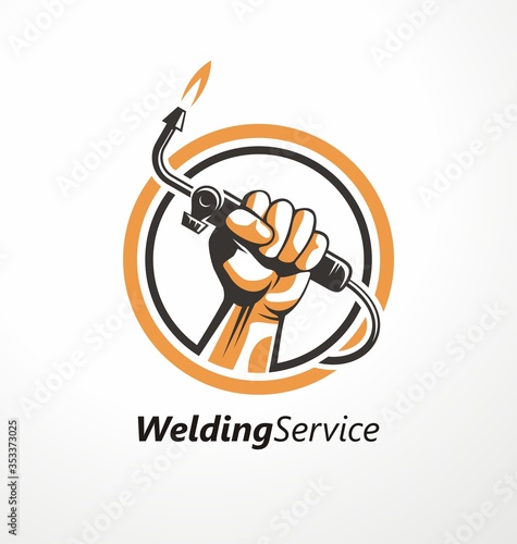 Logo for welding industry with fist holding welding machine. Unique symbol idea for metal and construction business. Handcrafting and engineering vector icon.