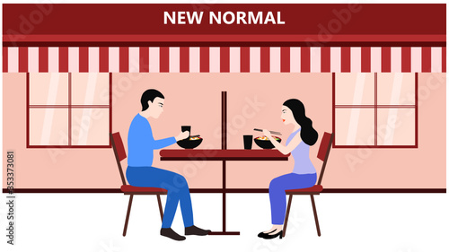 New normal concept and physical distancing people eating and keep distance to prevent disease outbreak vector illustration. New normal after COVID-19 pandemic concept