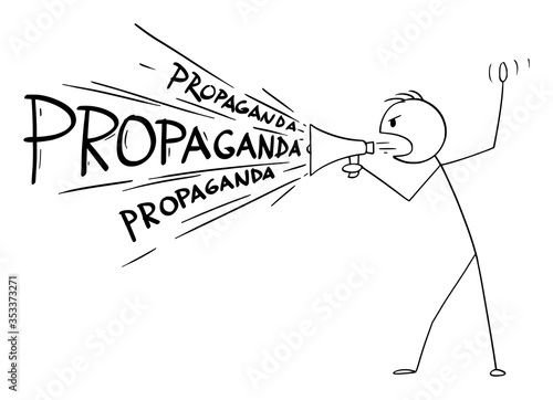 Vector cartoon stick figure drawing conceptual illustration of man or politician or media using loudspeaker or megaphone to spread propaganda.