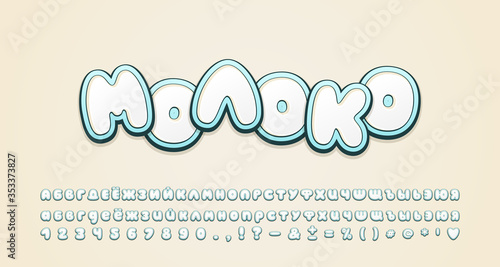 Cartoon Russian Alphabet 3d style bubble font. Uppercase and lowercase letters, numbers, symbols. Russian text: Milk. Creative label for milk products, food marketing. Vector illustration