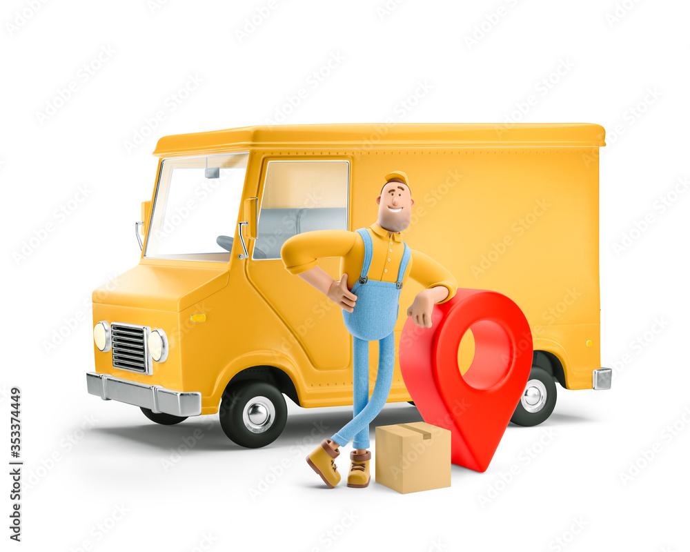 Truck delivery service and transportation. 3d illustration. Cartoon yellow car with driver character and pin sign. Parcel tracking concept. - obrazy, fototapety, plakaty 