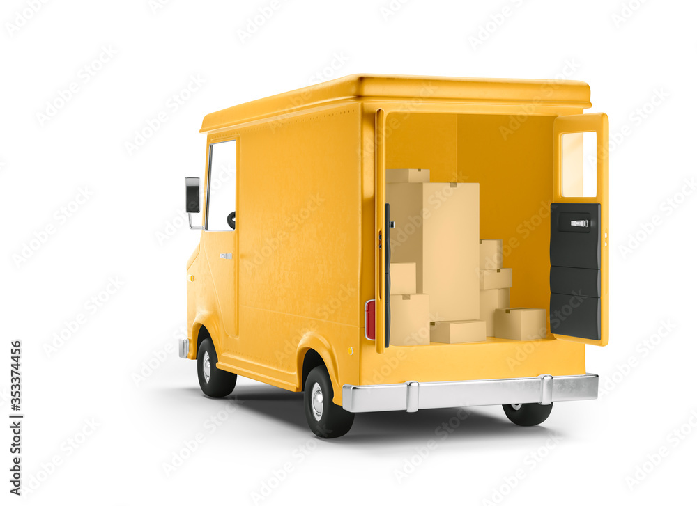Truck delivery service and transportation. 3d illustration. Cartoon yellow car. Back view. - obrazy, fototapety, plakaty 