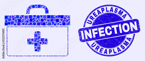 Geometric medical case mosaic pictogram and Ureaplasma Infection seal stamp. Blue vector round scratched seal stamp with Ureaplasma Infection text. Abstract mosaic of medical case organized of circle,