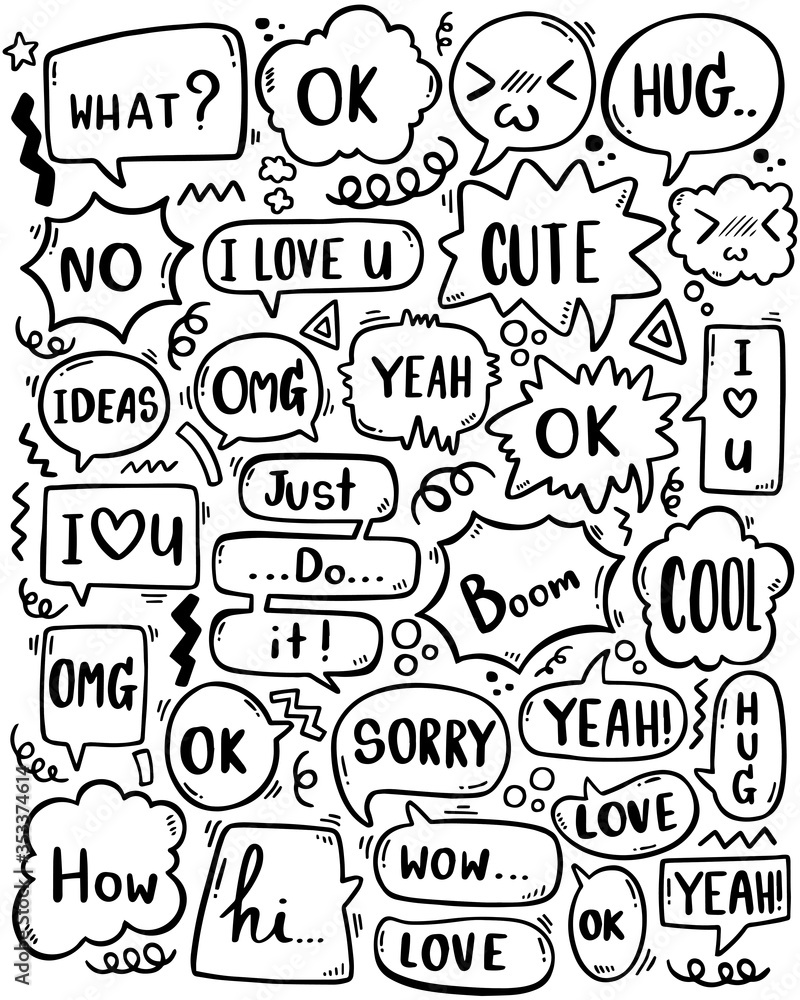 0090 hand drawn background Set of cute speech bubble eith text in doodle style