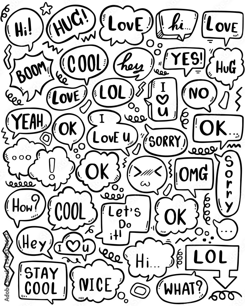 0090 hand drawn background Set of cute speech bubble eith text in doodle style