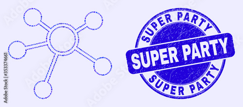 Geometric links mosaic pictogram and Super Party watermark. Blue vector round distress stamp with Super Party caption. Abstract mosaic of links done of round, triangles, square geometric spots.