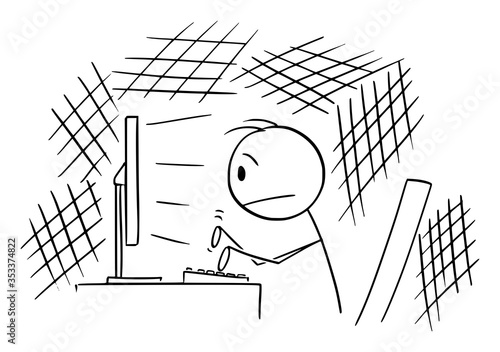 Vector cartoon stick figure drawing conceptual illustration of man,journalist, novelist, author or businessman typing on computer in night, sitting in dark office or room.