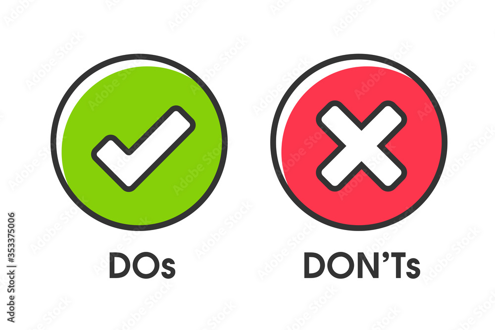 Right and wrong sign For activities that do or don't do Isolated on white background. Right and wrong sign For activities that do or don't do Isolated on white background.