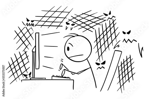 Vector cartoon stick figure drawing conceptual illustration of frightened or stressed man, journalist, novelist, author or businessman typing on computer in night, sitting in dark office or room.