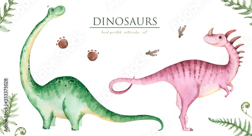 Hand painted watercolor cute dinosaurs  isolated on white background. The illustration is perfect for creating postcards printed fabrics  packaging and DIY design.