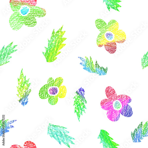 Color pencil textured seamless pattern. Floral stylish background with graphic leaves and naive flowers