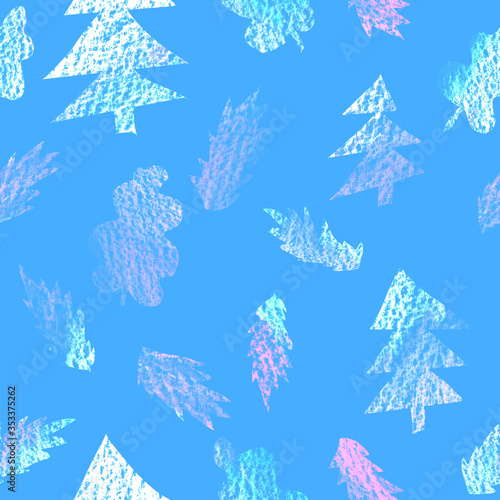 Graphic seamless pattern in naive pastels style with forest leaves and green spruces on blue background.