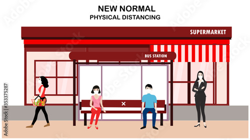 New normal in physical distancing people keep distance from each other and wearing face mask prevention from disease outbreak vector illustration. New normal after COVID-19 pandemic concept 