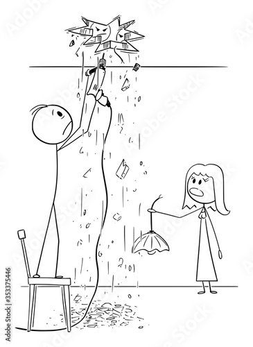 Vector cartoon stick figure drawing conceptual illustration of man installing chandelier or lamp at home and damaging roof or ceiling, creating hole.