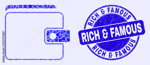 Geometric purse mosaic pictogram and Rich & Famous seal stamp. Blue vector round distress seal stamp with Rich & Famous title. Abstract mosaic of purse done of spheric, tringle,