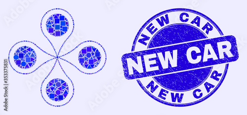 Geometric quadrocopter mosaic icon and New Car seal stamp. Blue vector round grunge stamp with New Car message. Abstract mosaic of quadrocopter combined of circle, triangles,