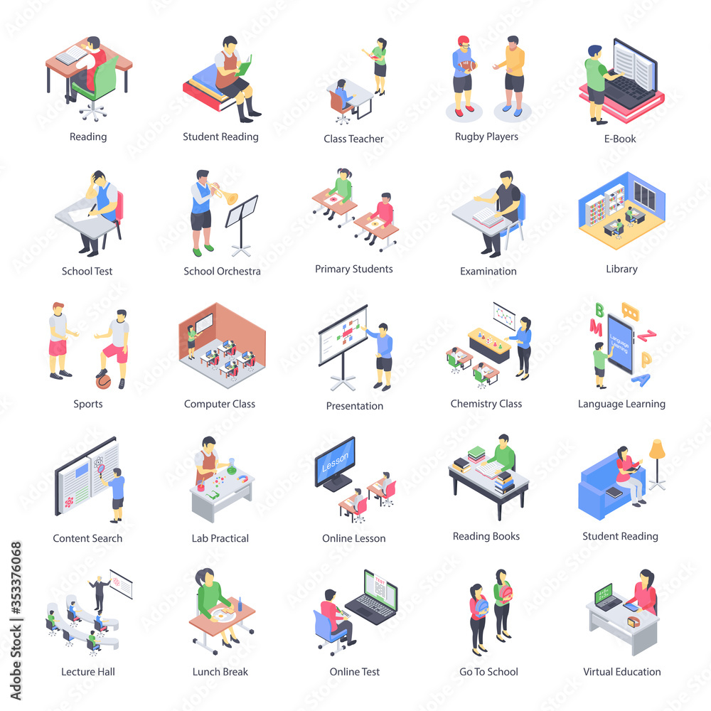 Fototapeta premium Teacher Children and School Isometric Icons Set 