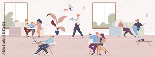 People in city cafe flat color vector illustration. Friends lunch break in coffeehouse. Family spending time in restaurant 2D cartoon characters with coffeeshop interior on background