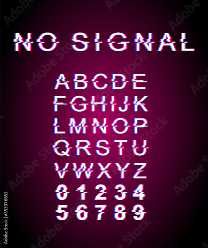 No signal glitch font template. Retro futuristic style vector alphabet set on pink background. Capital letters, numbers and symbols. Analog video playing error typeface design with distortion effect