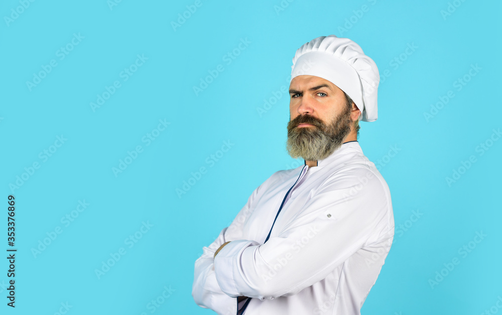 Restaurant menu copy space. Lunch meal. Restaurant dish. Delicious dessert. Cook chef in white uniform. Bearded mature man chef. Bearded man restaurant worker. Professional cook. Culinary concept