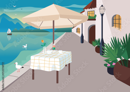 Street restaurant in seaside resort village flat color vector illustration. Served cafe table on seafront. Beachfront 2D cartoon landscape with seagulls, mountains and ocean on background