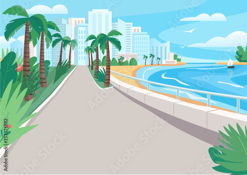 Luxury seaside resort street flat color vector illustration. Waterfront with skyscrapers and tropical palms. Seafront 2D cartoon landscape with sandy beach and city buildings on background