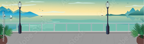 Seaside resort street flat color vector illustration. Waterfront terrace. Sea with sailing boat on horizon. Lake and mountains skyline. Seafront 2D cartoon landscape with ocean at sunset on background