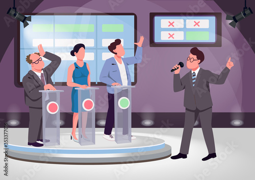 Quiz show flat color vector illustration. Educational game host and contenders 2D cartoon characters with stage on background. Knowledge test, questions competition. Intellectual contest broadcast