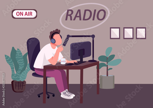 Radio podcast show flat color vector illustration. Professional radio DJ, news host 2D cartoon character with recording studio on background. Public live broadcast, entertainment program on air