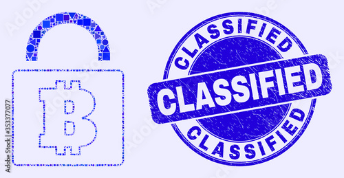 Geometric bitcoin lock mosaic pictogram and Classified seal stamp. Blue vector round grunge seal stamp with Classified message. Abstract concept of bitcoin lock composed of sphere, tringle,