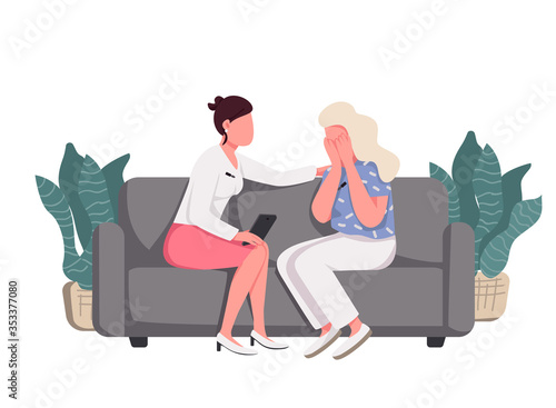 Women sitting on couch flat color vector faceless characters. Talk show, psychologist counseling isolated cartoon illustration for web graphic design and animation. Lady comforting crying friend