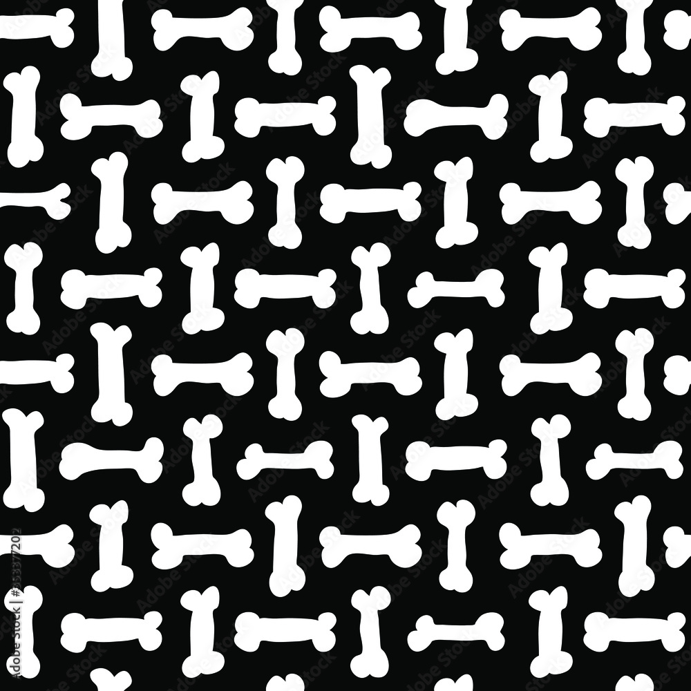 White bones on black background - seamless vector pattern of hand drawn doodle bones, halloween wrapping paper or dog's textile print
