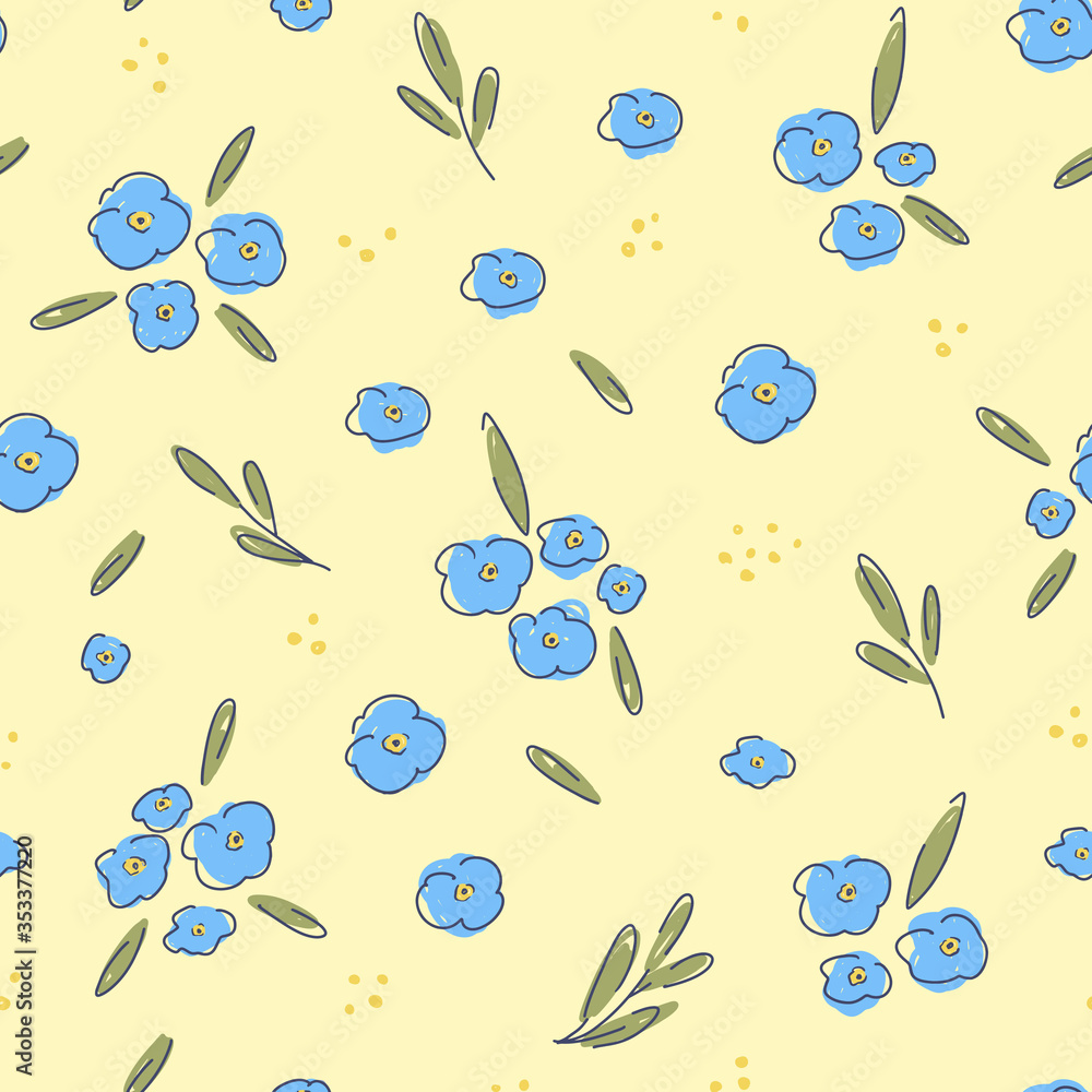 Fototapeta Forget-me-not childish seamless pattern, floral pattern, tiny blue flowers on yellow background. Texture for kids - fabric, wrapping, textile, wallpaper, apparel.