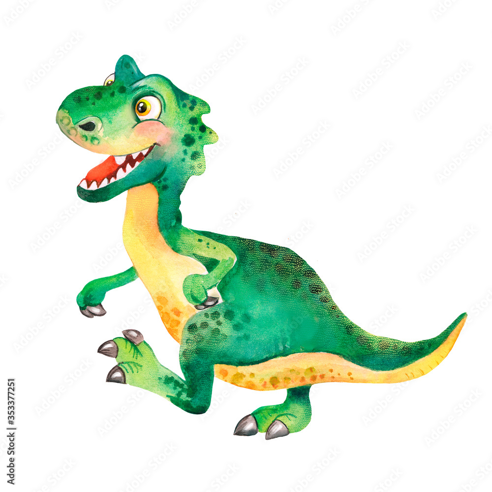 Fototapeta premium Watercolor childish illustration of a green ceratosaurus dinosaur, funny dinosaur, big-head dinosaur, baby dino, cartoon dino, cute dinosaur, jurassic, cartoon character, tyrannosaurus rex for kids