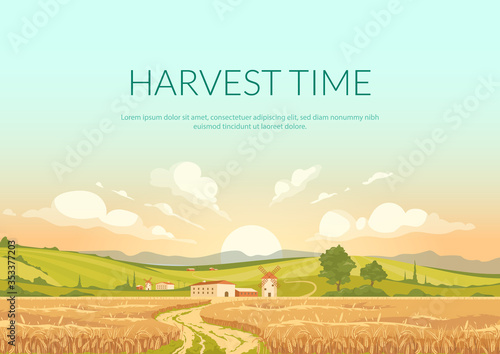 Harvest time poster flat vector template. Agricultural area with ripe crops. Countryside scenery at sunset. Brochure, booklet one page concept design with illustration. Wheat field flyer, leaflet