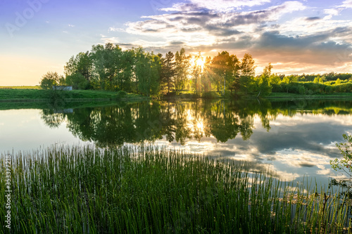 Scenic view at beautiful spring sunset on a shiny lake with green branches, birch trees, bushes, grass, golden sun rays, calm water ,deep blue cloudy sky and forest on a background, spring landscape © Yaroslav