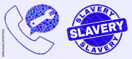 Geometric service phone call mosaic icon and Slavery stamp. Blue vector round grunge seal stamp with Slavery phrase. Abstract mosaic of service phone call created of round, triangles,