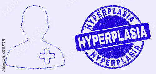 Geometric doctor mosaic pictogram and Hyperplasia seal stamp. Blue vector rounded distress seal stamp with Hyperplasia message. Abstract mosaic of doctor designed of sphere, tringle,