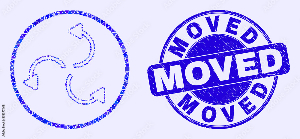 Geometric cyclone arrows mosaic icon and Moved stamp. Blue vector round distress seal stamp with Moved caption. Abstract mosaic of cyclone arrows composed of round, triangles, square geometric items. Geometric cyclone arrows mosaic icon and Moved stamp. Blue vector round distress seal stamp with Moved caption. Abstract mosaic of cyclone arrows composed of round, triangles, square geometric items.