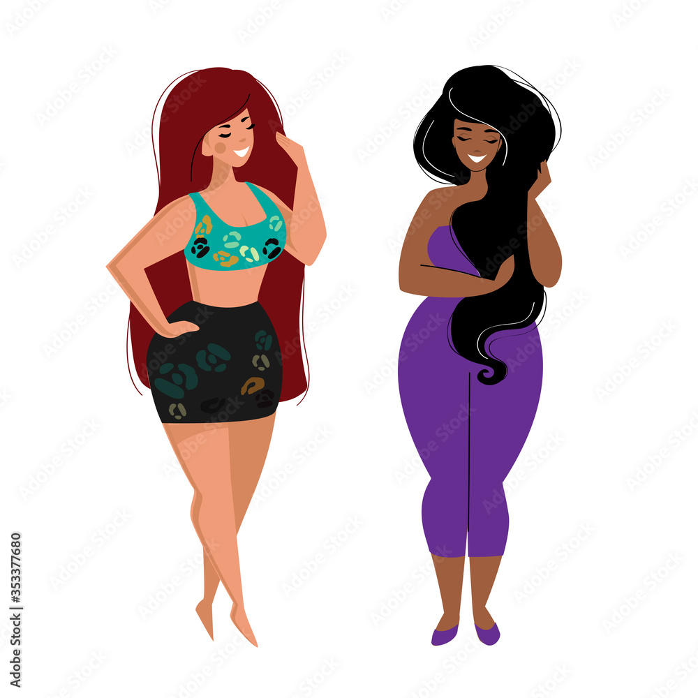 Two Plus size women. Beautiful overweight ladies. Motivation. Love your body. Isolated cartoon picture Two Plus size women. Beautiful overweight ladies. Motivation. Love your body. Isolated cartoon picture