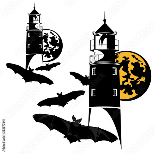 haunted lighthouse and flying flock of vampire bats on halloween night vector design set
