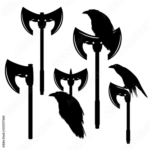 raven bird sitting on a nordic style long pole axe - viking warrior symbol black and white vector design set