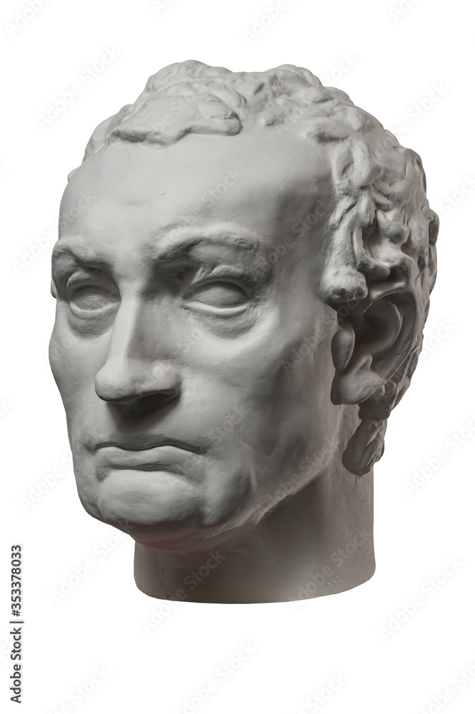 Obraz premium White gypsum copy of ancient statue of Gattamelata, Erasmo of Narni head sculptor Donatello for artists isolated on a white background. Renaissance epoch. Plaster sculpture of man face.
