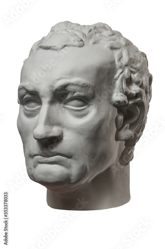 White gypsum copy of ancient statue of Gattamelata, Erasmo of Narni head sculptor Donatello for artists isolated on a white background. Renaissance epoch. Plaster sculpture of man face.