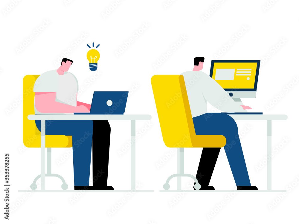 Flat design vector illustration concept of young man sitting and working with a computer