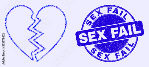 Geometric broken heart mosaic pictogram and Sex Fail stamp. Blue vector round scratched seal stamp with Sex Fail title. Abstract composition of broken heart created of round, tringle,