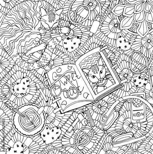 Coloring Book for children and for adults. Colouring pictures with cat, sketchbook 